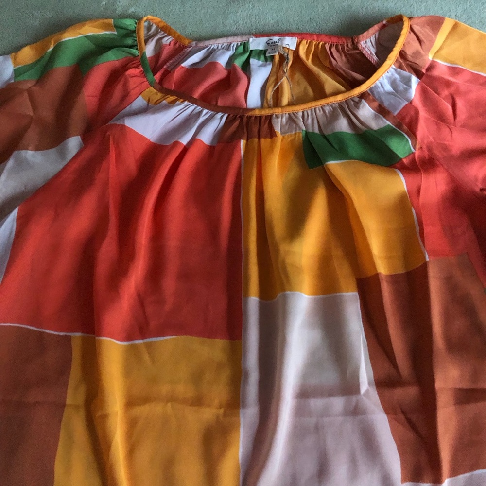 easel blouse colorblock lightweight boho peasant 3/4 sleeve orange caramel green - Picture 3 of 9